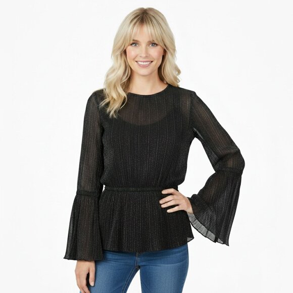 Michael Kors Black Sheer Bell Sleeve Blouse Pleated Top Metallic Thread Elastic - Picture 1 of 13